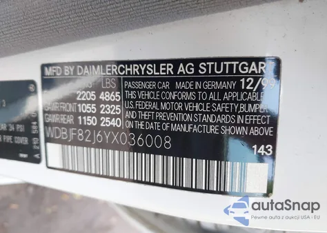 2000 Mercedes-Benz E 320 4M z USA, uszkodzony, nr VIN WDBJF82J6YX036008